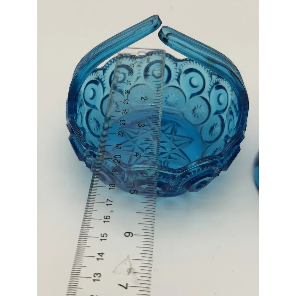 MCM LE Smith Moon & Stars Art glass basket & Candleholder colonial blue Set